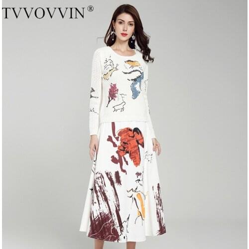 TVVOVVIN 2020 New Hollow Out O-neck Print Sweater+vest+skirt Streetwear Pullover Womens Long-sleeve A-line Casual Loose A059