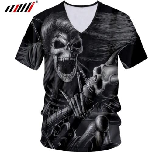 UJWI Mens New Hip Hop Street Clothing 3D Printed Long Hair And Angle Skull V Neck Tshirt Man Black White T Shirt Big Size 5XL