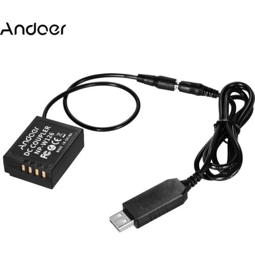 Andoer 5V USB to NP-W126 Dummy Battery Pack DC Coupler Adapter for Fuji Cameras X-A1/X-A2/X-A3/X-E1/X-E2/X-M1/X-Pro/X-T1/X-T2