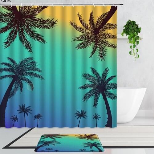 Beach Scenery Shower Curtains Palm Tree Sunset Landscape Bathroom Decor Accessories Curtain Set Non-Slip Bath Mats Carpet Screen