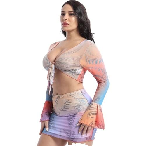 Women Blouse Skirt 2 Piece Set Hot Clubwear Fashion Colorful Gradient Mesh Lace-up Flare Sleeve Crop Top with Mini Skirt Outfits