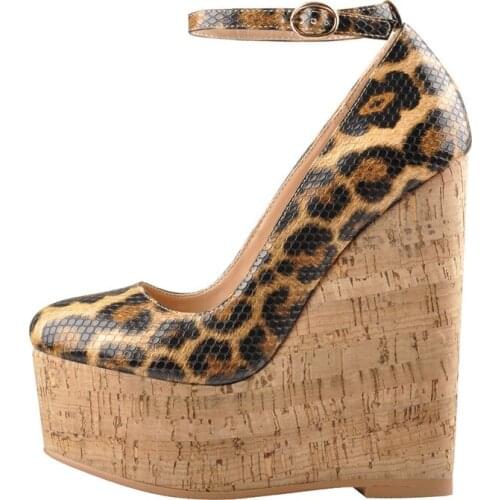 Women Leopard Print Wedges Platform Sandals Round toe Shoes Fshion Ankle Strap Pumps For Summer Plus Size
