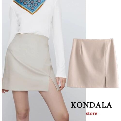 KONDALA Za Womens Leather Mini Skirts Beige Front Split High Waist Straight Skirts Mujer High Street Casual Skirts
