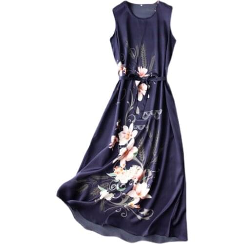Women Summer Silk Dress O neck Navy Blue Natural silk dresses Elegant Floral Print Dress Casual holiday real silk long dress