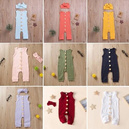 Hot Sale Summer New Born Baby Girl Boy Clothes 2pcs Casual Solid Cotton Single Breasted Sleeveless Baby Romper+headband 0-18M