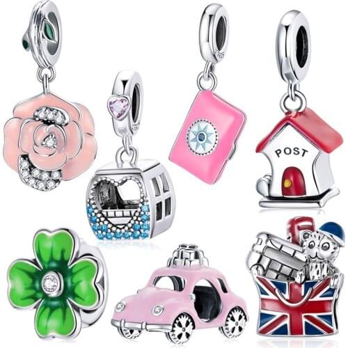 2021 new 100% 925 sterling silver pink cable car London travel charm pendant fit bracelet beads windmill DIY woman jewelry