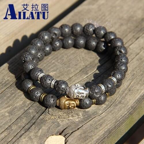 Ailatu Hot Sale Jewelry Black Lava Energy Stone Beads Buddha Bracelet for Men and Women Gift