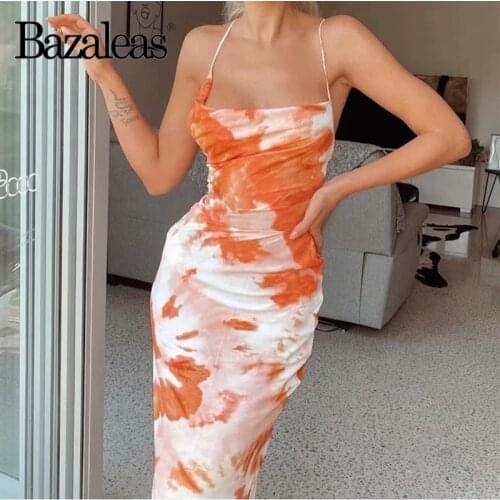 Bazaleas Holiday Spaghetti Strap Women Summer Dress Vintage Orange Tie Dye Girl Midi Dresses Slim Backless Cross Tie Vestidos