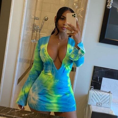 BKLD Women Dresses Summer 2021 Sexy Bodycon Club Outfits Tie-Dye Printed Long Sleeve Deep V Neck Party Spring Clothes
