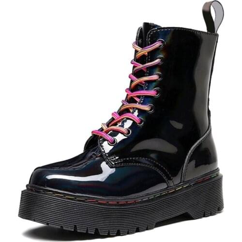 Martin boots womens leather laser paint platform increased leisure motorcycle boots womens side zipper round toe short boots