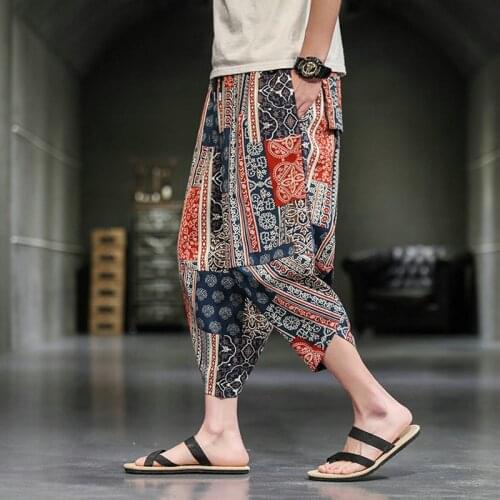 2021 Summer Men Linen Pants 2021 Men Wide Leg Trousers Male Drop Crotch HipHop Man Joggers Calf-Length Pants Track Pant