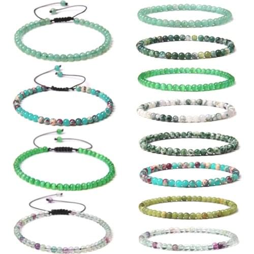 4 mm Natural Green Aventurine Stone Beads Bracelets Men Black Rope Braid Bracelet Women Elastic Jewelry Polish Fluorite Pulsera