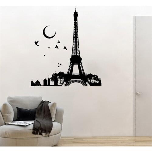 Paris France Eiffel Wall Decal Tower Night Moon Birds Wall Sticker Vinyl Home Decoration Revocable Art Mural dw10916