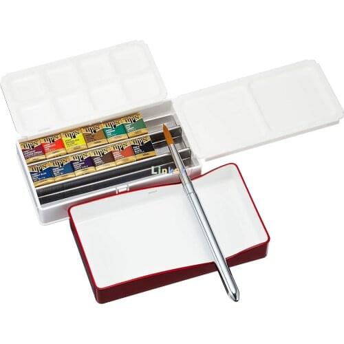 Holbein Artists Watercolors Set of 12 Half-Pans with Brush (Palm Box) PN691, Small Lightly, Pure Red Classy Box,Art supplies