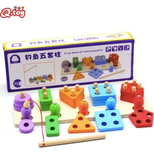 2 in 1 wooden toy 5 set column fishing toy wooden block Montessori Toy Color Shape Match toys for kids 2 to 3 years old boy girl