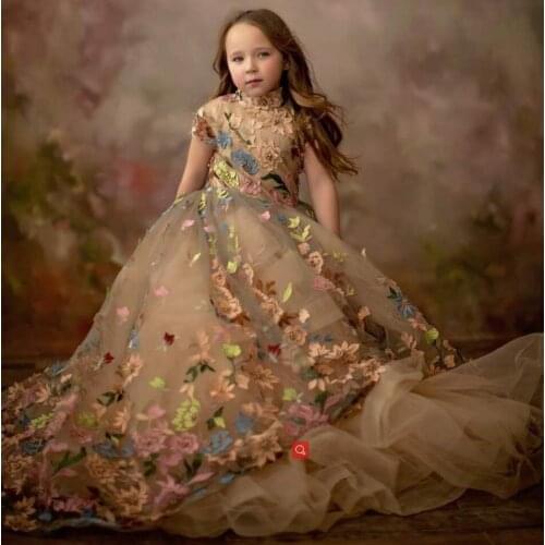 Classic Tulle Flower Girl Dress High Neck Lace Appliques Cap Sleeve For Wedding Birthday Ball Gown First Holy Communion Dresses