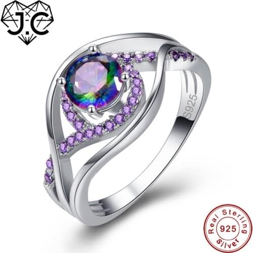 J.C Round Rainbow & Sapphire Amethyst White Topaz Solid 925 Sterling Silver Ring Size 6 7 8 9 Women Wedding Party Fine Jewelry