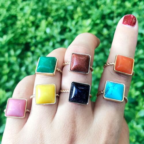KOMI Vintage Natural Stone Geometric Turquoise Malachite Agate Ring Trendy Rings for Women Girls Jewelry E40515