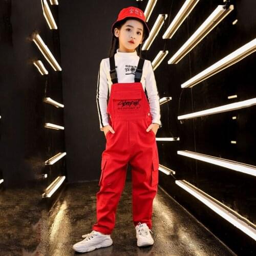 Girls Jazz Dance Costumes ChildrenS Day Festival Clothing Kids White Crop Top Fashion Red Overall Hip Hop Suits Street Wear