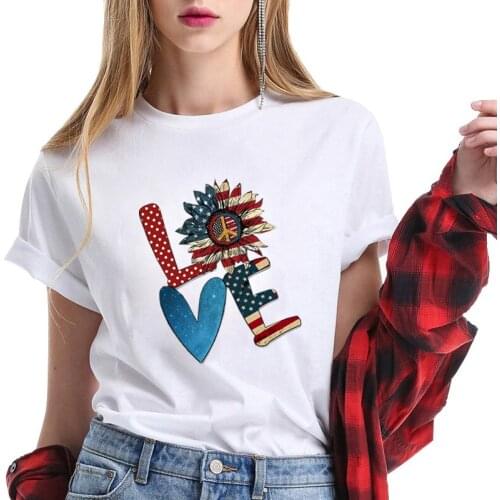 Cool Love Letter American Flag Sunflower Graphic Summer Short Sleeve Slim Casual T-Shirt USA O-Neck Tee Tops for Girls