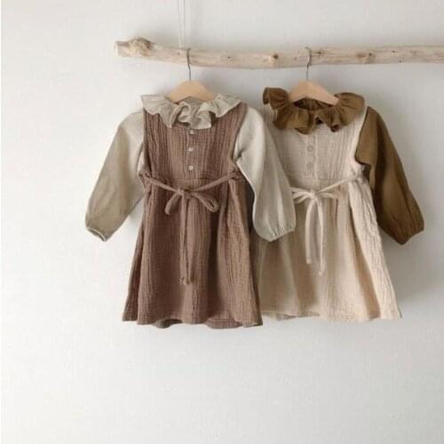 2021 new Korean childrens clothing autumn childrens Ruffle bottomed shirt vest skirt baby cotton linen dress