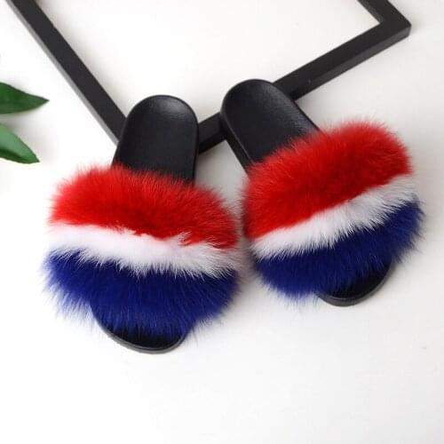 New Womens Fluffy Flip Flops Female Furry Slides Woman Real Fox Fur Slippers Ladies Home Shoes Cute Girls Plush Flat Sandals