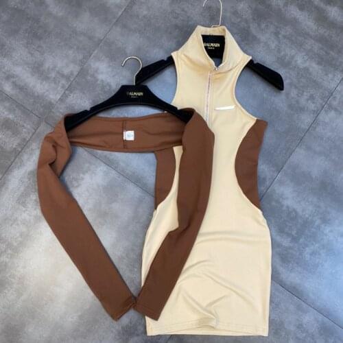 FABPOP 2021 Autumn Long Sleeve Overalls Stand Collar Sleeveless Zipper High Waist Backless Short Mini Dress Two Piece Set GC225