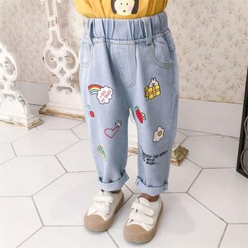2-7T Cute Jeans For Girls Toddler Kid Baby Spring Clothes Print Sweet Loose Denim Pants Elegant Lovely Infant Children Trousers