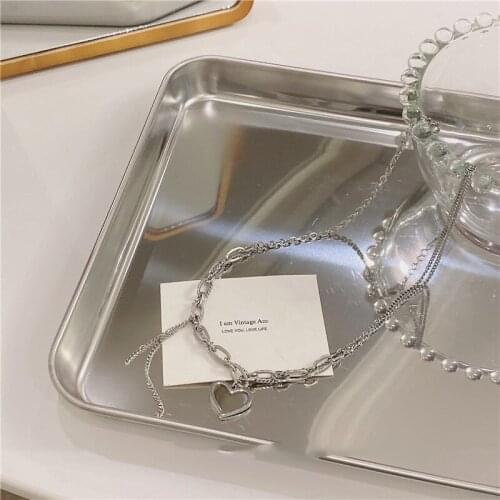 Origin Summer Korean Fashion Love Heart Metallic Pendant Necklace for Women Girls Chunky Chain Asymmetric Necklace Jewelry
