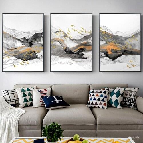 Modern Abstract Canvas Painting Poster and Living Room Oil Painting Print Mountain Bird Home Decoration Painting Wall Art Gold