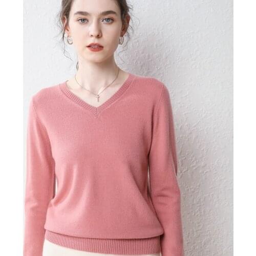 Pure Wool Sweater Woman Tops,2021 Autumn Winter New,Classic Knitted Pullover,Loose V-Neck,Solid Color All-Match Bottoming Shirt