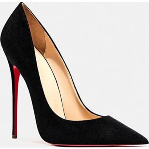 Red Bottom Womens Pumps Pointed Toe shoes Thin High Heels 12cm Flock Wedding Shoes Party Lady Single Shoe Autumn Winter Heels