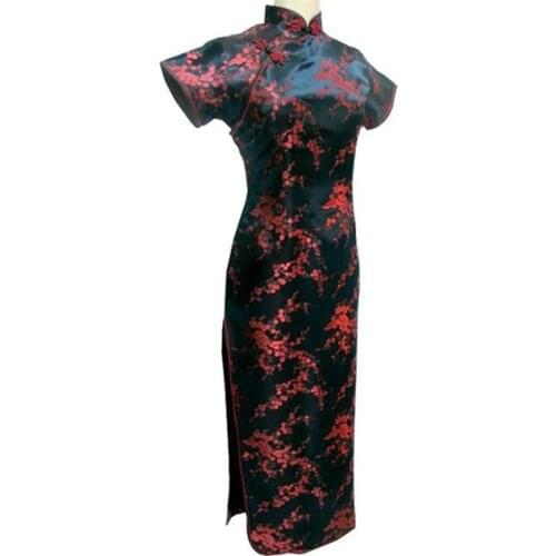 Black-Red Traditional Chinese Dress Womens Satin Long Cheongsam Qipao Flower Size S M L XL XXL XXXL 4XL 5XL 6XL