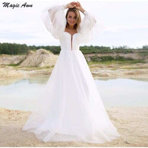 Magic Awn Off The Shoulder White Wedding Dresses Beach Long Puffy Sleeves Lace Appliques Illusion Lace-Up Back Boho Bridal Gowns