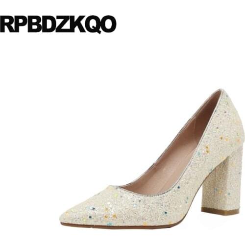 8cm Size 33 Bridesmaid Block Women Wedding Sparkling Glitter Pumps Plus 11 43 Ivory Bridal Shoes Girls Pointed Toe 2021 Sequin