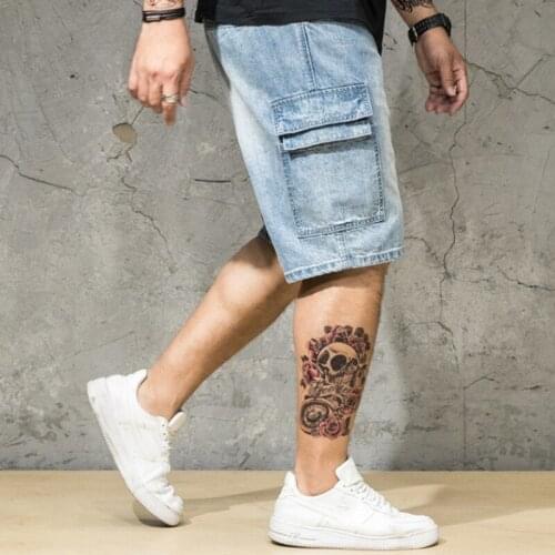 Plus Size 46 Mens Summer Denim Shorts Washed Loose Fit Casual Jeans Pockets Streetwear Knee Length Jeans Hip Hop Short Trousers