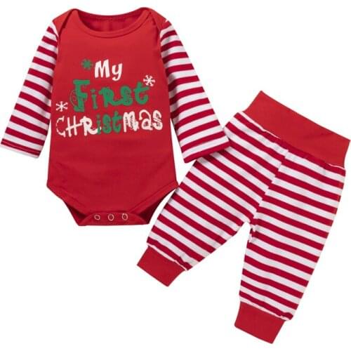 Pudcoco 2Pcs Christmas Day Striped Letter Print Casual Fashion Long Sleeve Bodysuit Tops+Pants Outfit Pajamas Sets Costumes