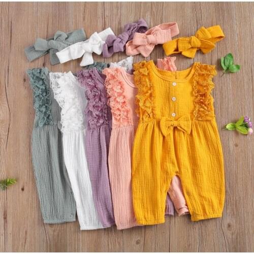 Summer New Kids Baby Girls Sleeveless Lace Rompers Clothes Round Collar Jumpsuit Headdress