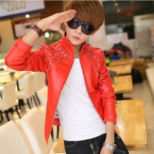 Fashion punk costume men leather jacket stand collar personality rivet mens leather coats outerwear singer stage black white red