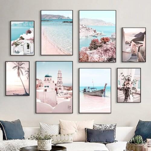 Beach Aegean Sea Boat Palm Tree Cherry Wall Art Canvas Painting Nordic Posters And Prints Wall Pictures For Living Room Decor