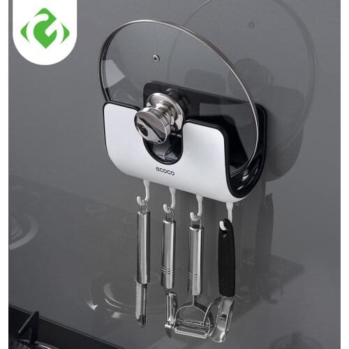 Wall-mounted Pot Lid Rack Chopping Board Drainer Holder Soup Spoon Shelf with Four Hooks Kitchen Tool Storage Shelving Organizer