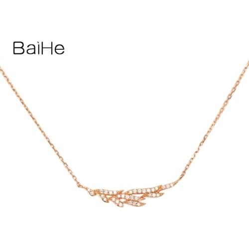 BAIHE Solid 18K Rose Gold 0.12CT H/SI Natural Diamond Women Trendy Wedding Jewelry Elegant Exquisite Feather Diamond Necklaces