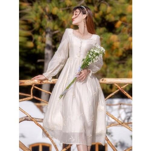 Lantern Sleeve Square Neck Fairy Dress High Quality Spring Autumn Party Embroidery Sweet Gentle Retro Dress Vestidos de fiesta