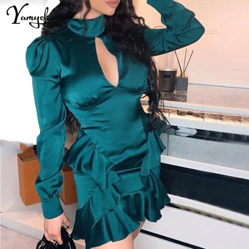 Sexy black Satin Ruffle mini autumn dress women Long sleeve club party dresses bodycon vintage silk woman Dress clothes vestidos