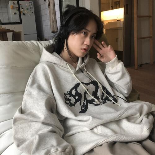 Simple Ladies Hoodie Winter 2021 Light Flower Gray Loose Bear Print Sweater Cardigan Long Sleeve Hoodie Womens Pullover Jacket