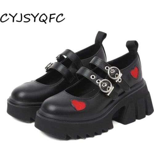 CYJSYQFC Goth Girls Red Heart Shoes Thick Bottom Mary Jane Shoes For Women Lovely Lolita Style Platform Pumps Rubber Sole Autumn