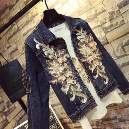 2020 Spring Long Sleeve Slim Hole Flower Embroidery Jeans Coat Ladies Outwear Streetwear Women Denim Jacket Korean Clothes XZ004