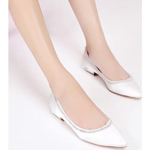 Womens Satin Slip On Ballerinas Bridal Evening Reception Ballet Crystal Decoration Ivory Wedding Shoes