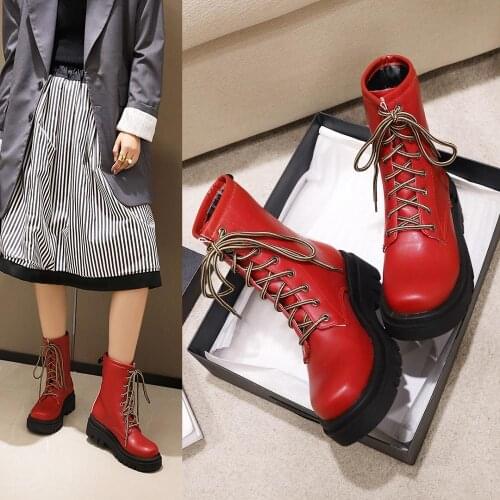 2021 black Color Soft PU Leather Ankle Boots Women Platform Motorcycle Booties Female Autumn Winter Shoes Woman Short Boots 43