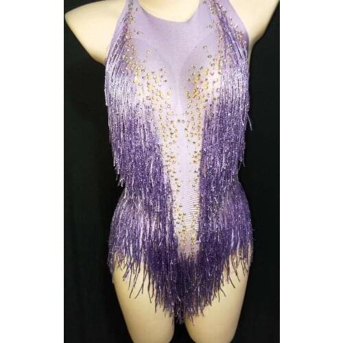 Women Sexy Nightclub Style Pole Dance Performance Clothes Purple Tassels Halter Skinny Women Fashion Acrobatics Stage Jumpsuits